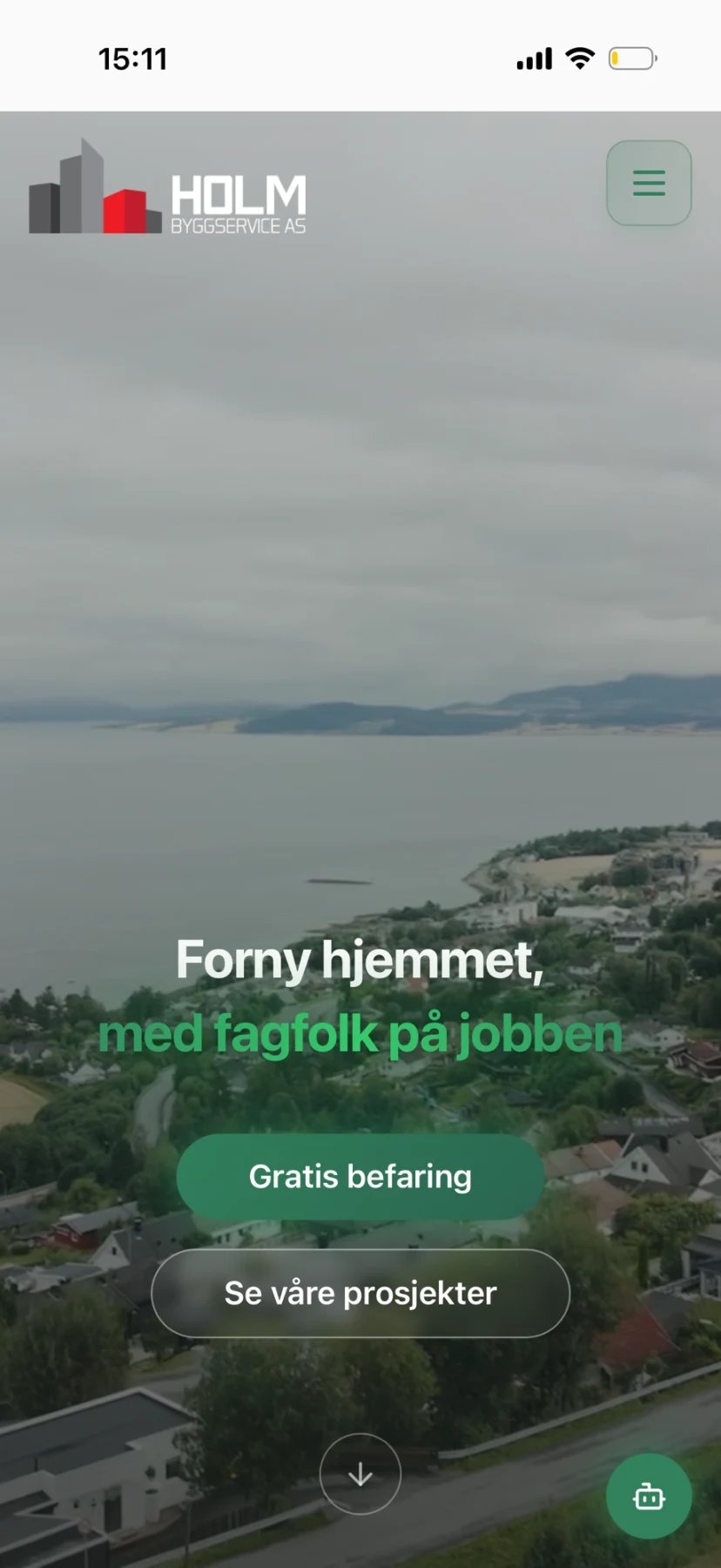 Holm Byggservice nettside på mobil
