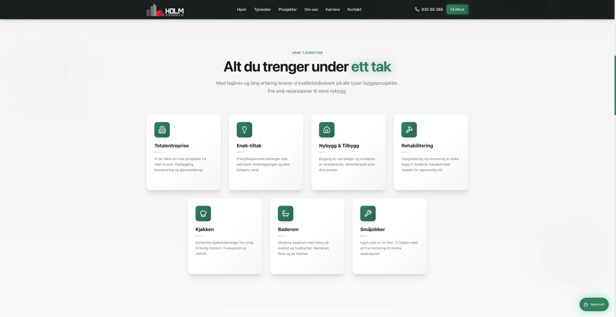 Tjenesteoversikten på nettsiden til Holm Byggservice